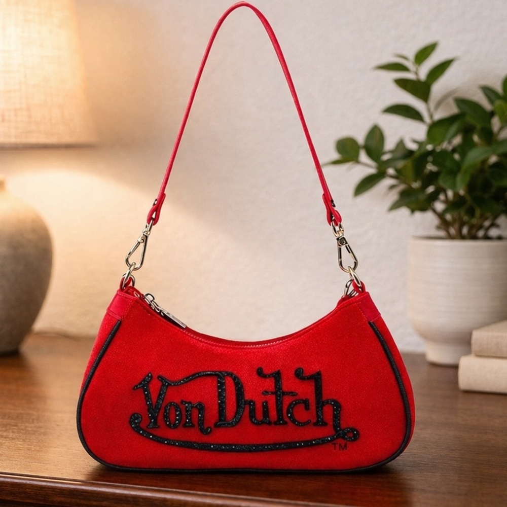Von Dutch Red Velvet Shoulder Bag w/ Chain Charm | Y2K